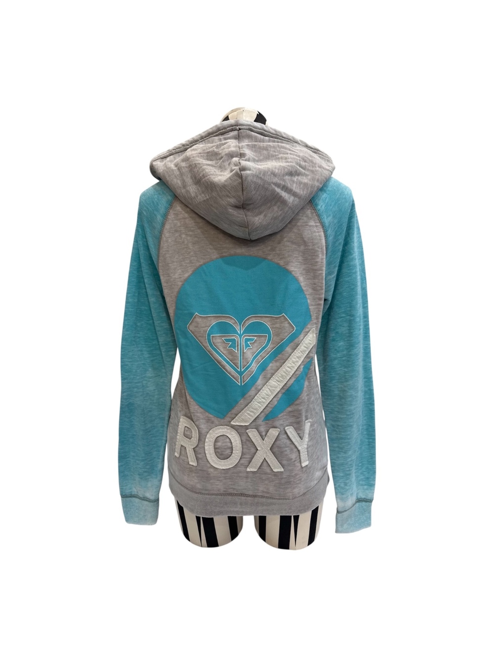 Roxy Gray Hoodie w/ Teal Sleeves & Blue Embroidered Heart Logo